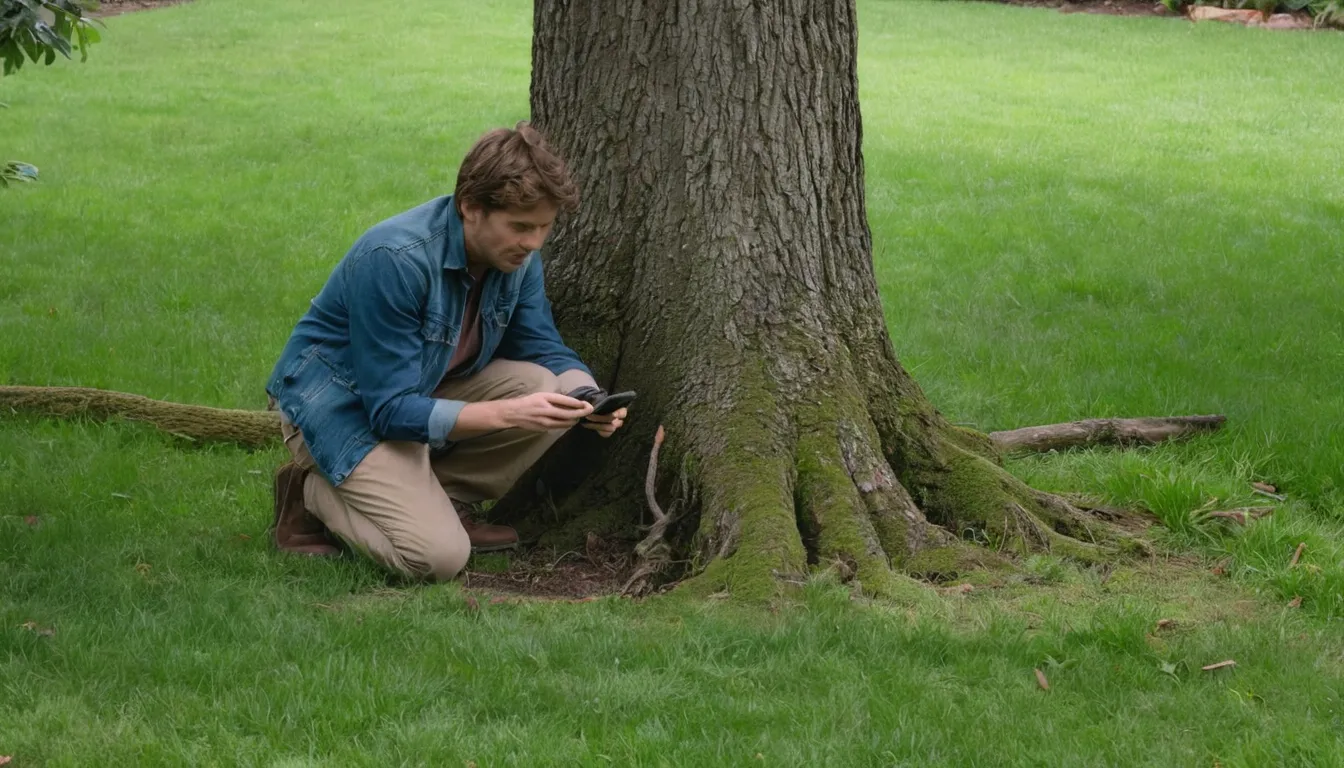 A homeowner checking a tree trunk for cracks and soft spots