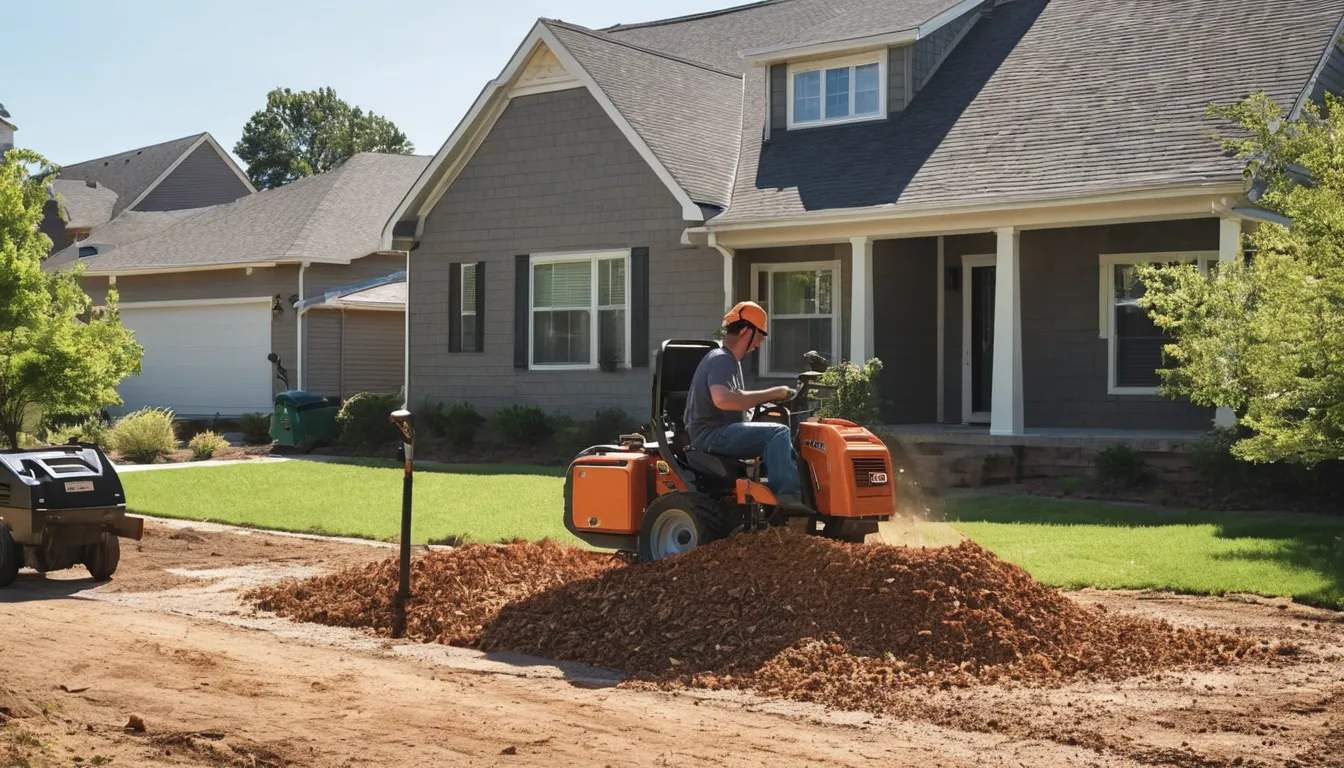 A tree provider grinding a stump in a residential yard in the Alpharetta area